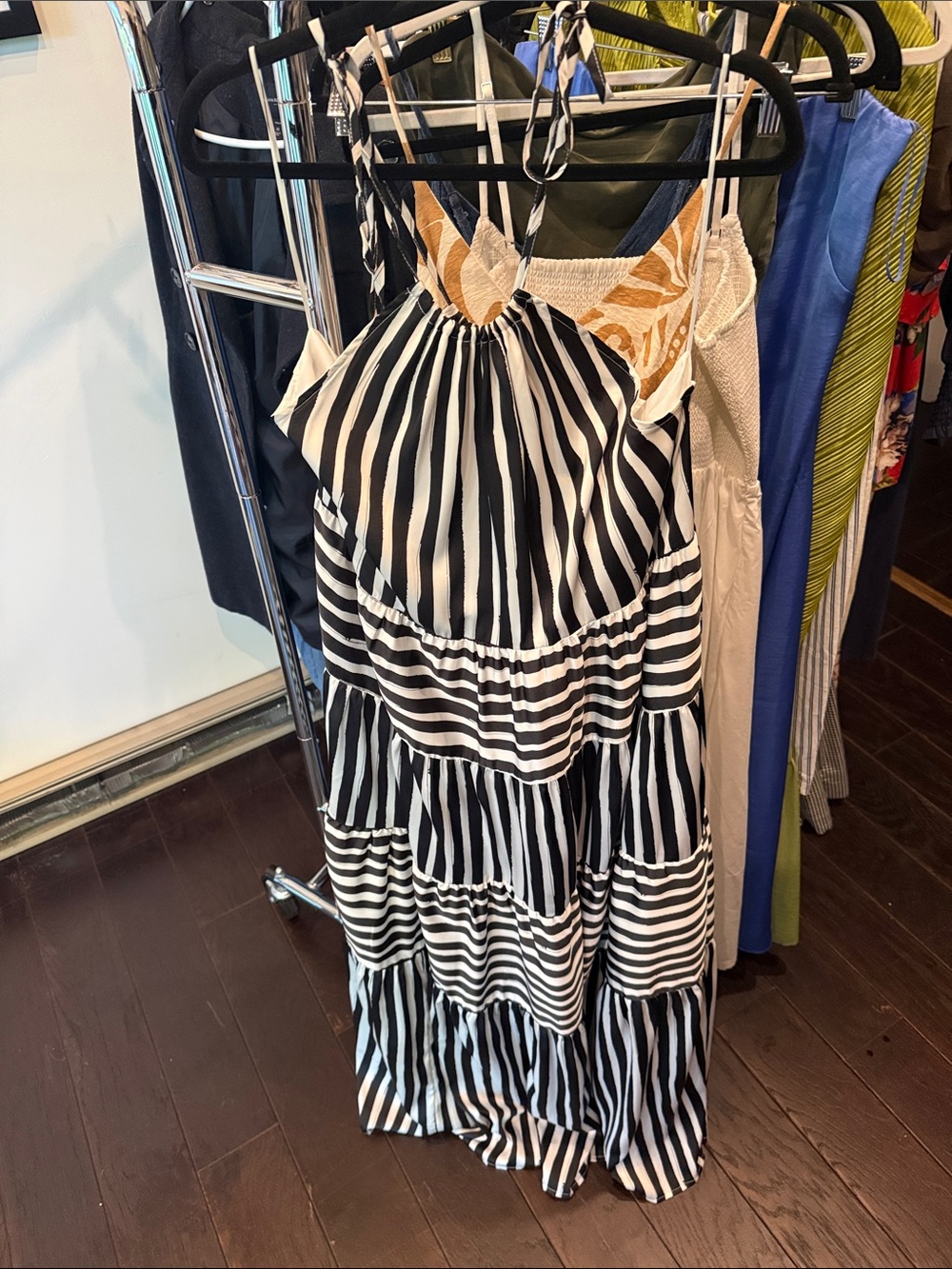Gilli Black and White Striped Tiered Maxi Dress